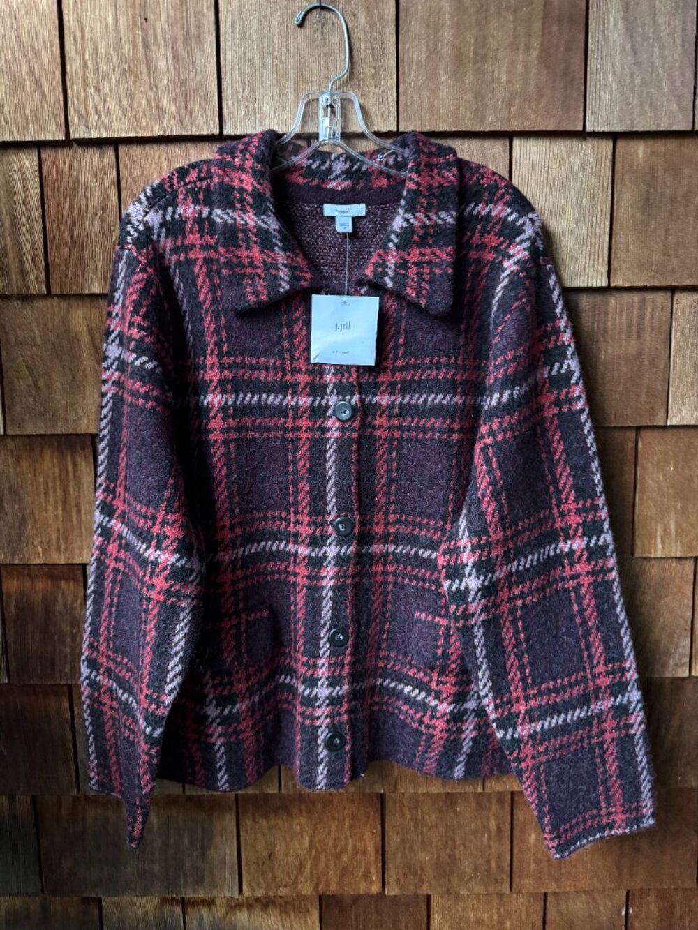 NWT J. Jill Multi Color Plaid Button Front Wool Blend Cardigan in Women's 2X